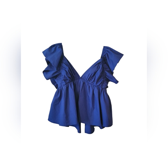 Day + Moon Tops - Day + Moon Blue Flutter Sleeve Ruffled Blouse
